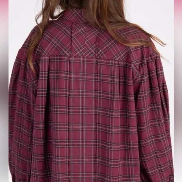 Natural Life Flannel Dawson Tunic Puff Sleeve Oversized Berry Sz Sm Boho - Picture 2 of 9